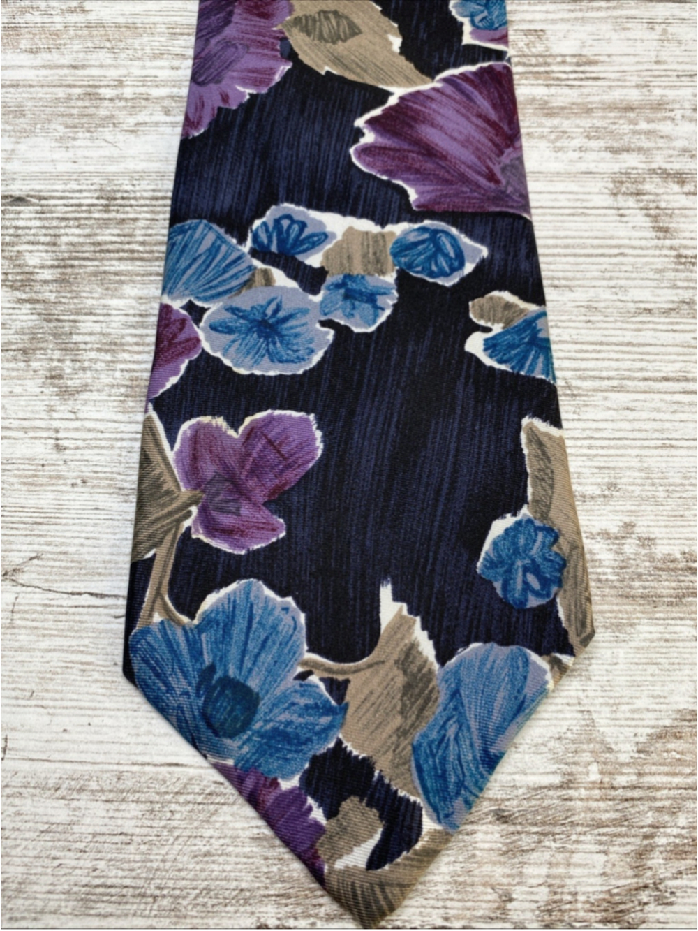 Vintage 7th Ave Silk Tie Bold Floral Wide 3.9” Navy Purple Blue Statement